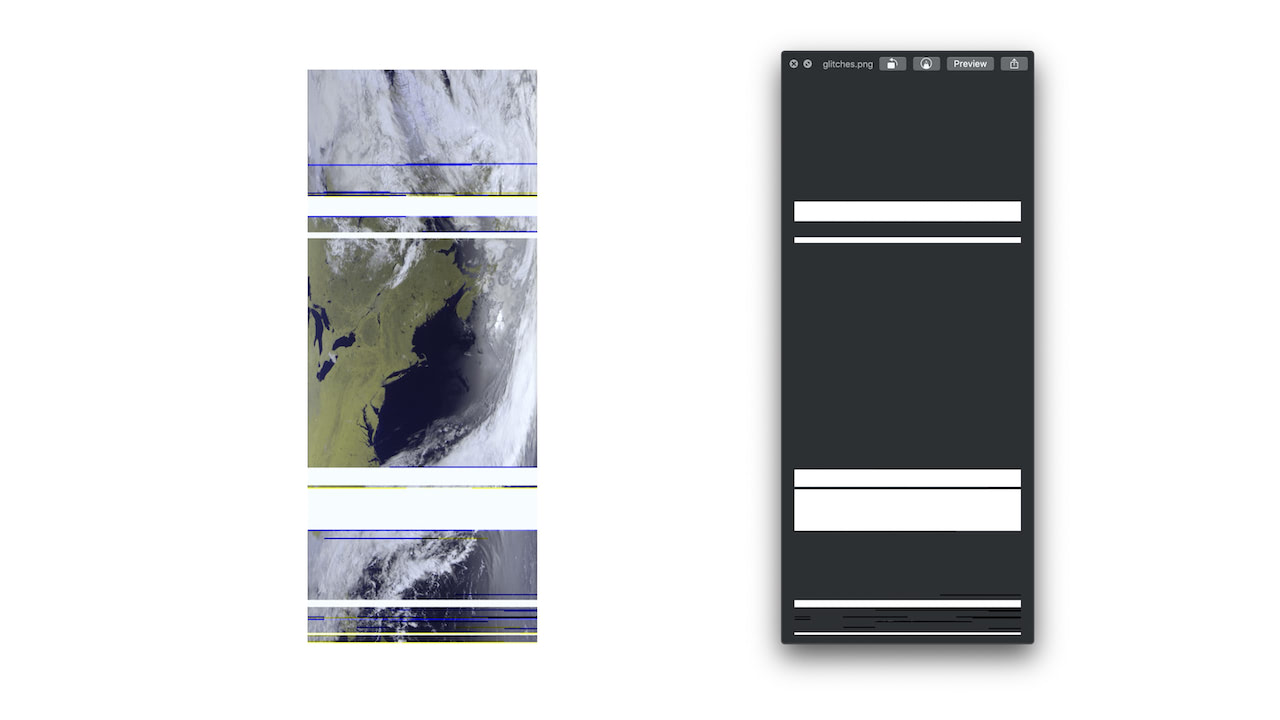 收到的卫星图像与从其中提取出的白线故障（glitch)